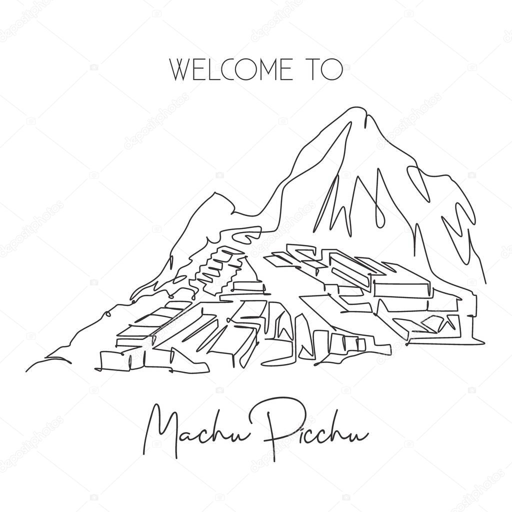 Single continuous line drawing Machu Picchu landmark. Beautiful famous place in Cusco Region Peru. World travel tour home decor wall art poster concept. Modern one line draw design vector illustration
