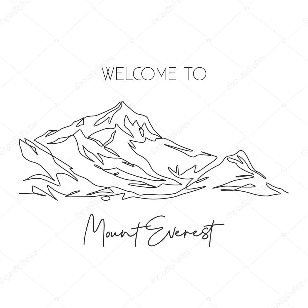 One single line drawing Himalaya Mount Everest landmark. World famous place in Nepal. Tourism travel postcard home wall decor poster art concept. Modern continuous line draw design vector illustration