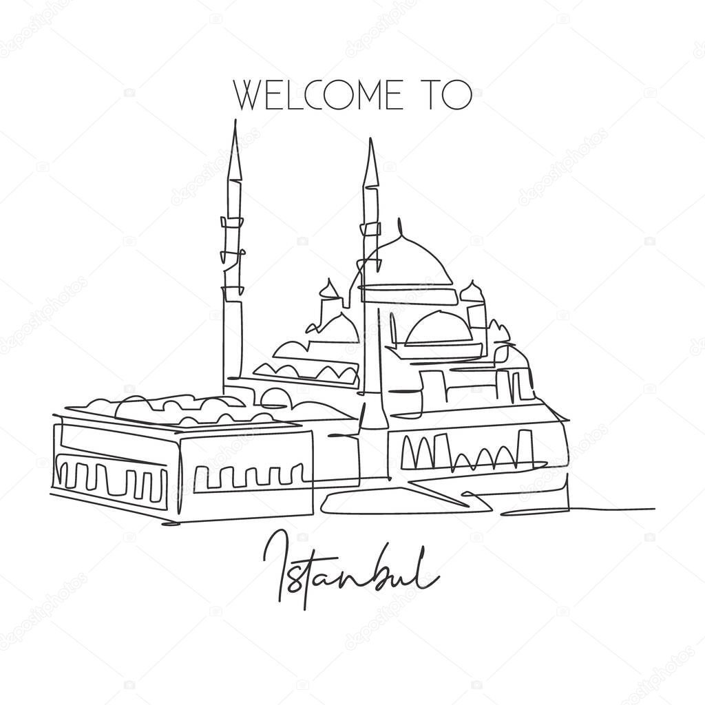 One single line drawing New Mosque landmark. World famous iconic cityscape in Istanbul Turkey. Tourism travel postcard wall decor poster concept. Modern continuous line draw design vector illustration