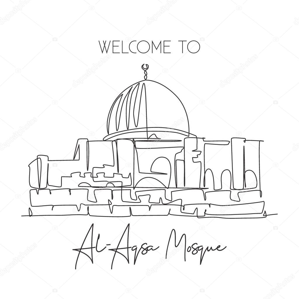 Single continuous line drawing Al Aqsa mosque landmark. Holy masjid place in Jerusalem. World travel campaign home art wall decor poster print concept. Dynamic one line draw design vector illustration
