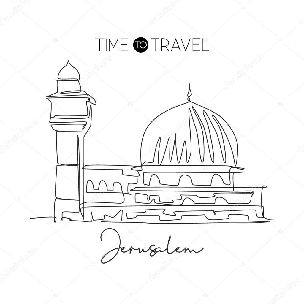 One single line drawing Al Aqsa mosque landmark. Famous iconic in Jerusalem. Tourism religious travel postcard wall decor poster print concept. Modern continuous line draw design vector illustration