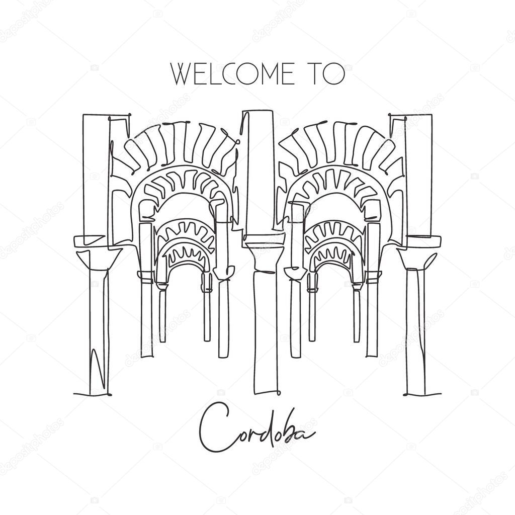 One continuous line drawing Cordoba Mosque or Mezquita landmark. Beautiful place at Andalusia, Spain. Holiday vacation wall decor poster art concept. Trendy single line draw design vector illustration