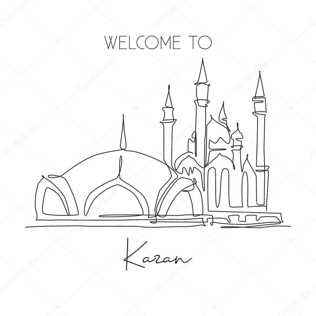 One continuous line drawing Kul Sharif Mosque landmark. Beautiful famous masjid at Kazan Russia. Religious holy place home wall decor poster concept. Trendy single line draw design vector illustration