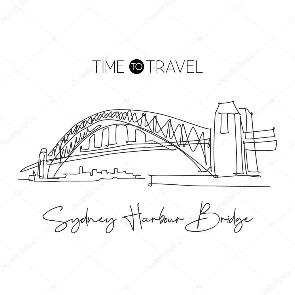 Single continuous line drawing Sydney Harbour Bridge landmark. Beautiful construction in Australia. World travel home decor wall art poster concept. Modern one line draw design vector illustration