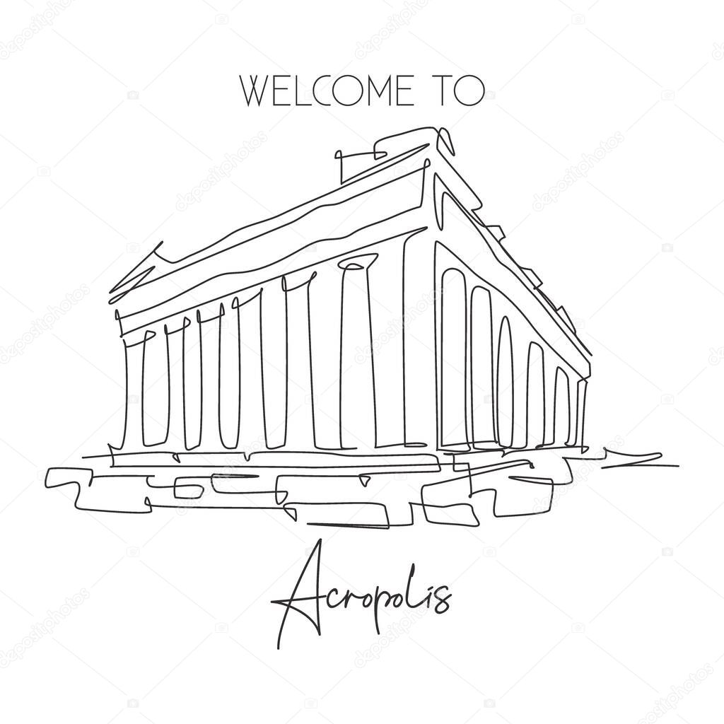 One single line drawing Acropolis temple landmark. World famous ruin in Athens, Greek. Tourism travel postcard home wall decor poster concept. Modern continuous line draw design vector illustration