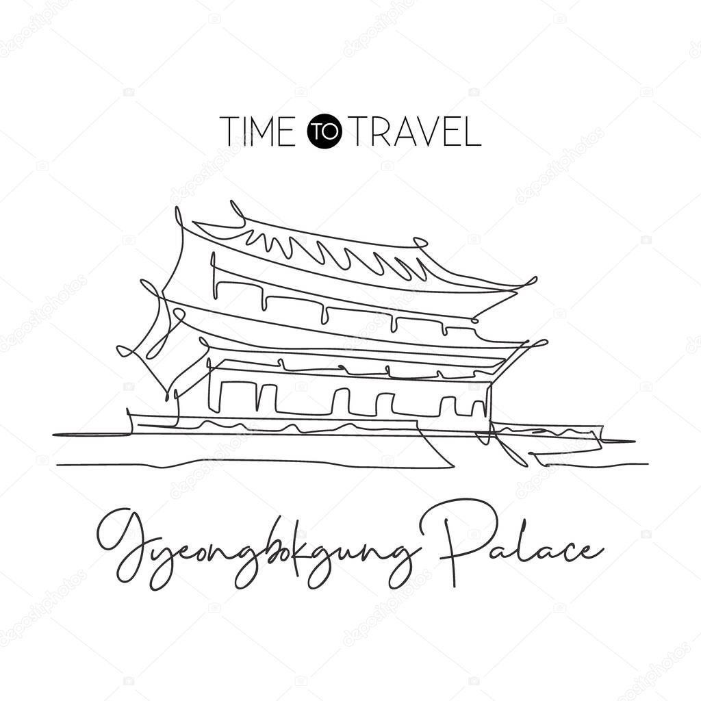 Single continuous line drawing Gyeongbokgung Palace landmark. Beautiful famous place in Seoul, Korea. World travel home wall decor poster print concept. Modern one line draw design vector illustration