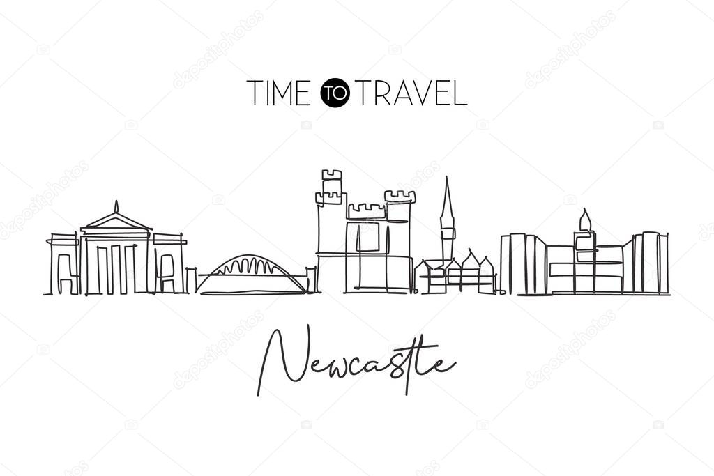 Single continuous line drawing of Newcastle city skyline. Famous city skyscraper landscape in world. Travel campaign wall decor home art poster concept. Modern one line draw design vector illustration