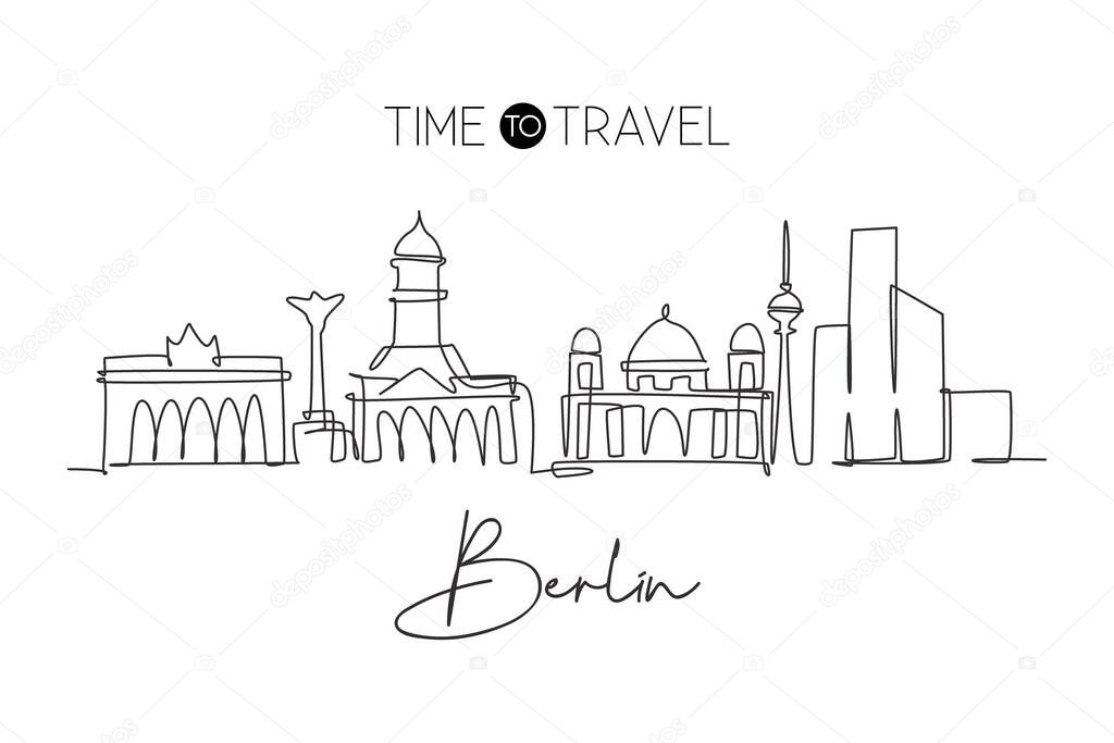 Single continuous line drawing of Berlin city skyline. Famous city skyscraper landscape. World travel postcard home decor wall art poster print concept. Modern one line draw design vector illustration