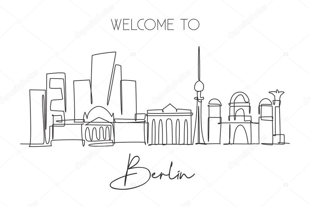 One continuous line drawing Berlin city skyline. Beautiful city skyscraper landscape. World home decor wall art poster art tourism travel vacation concept. Single line draw design vector illustration