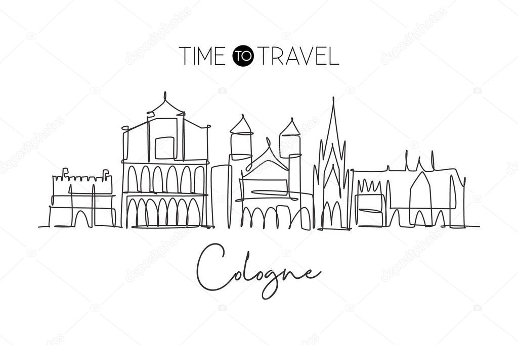One single line drawing of Cologne city skyline. Historical city skyscraper landscape. Best destination holiday vacation home decor wall poster concept. Continuous line draw design vector illustration