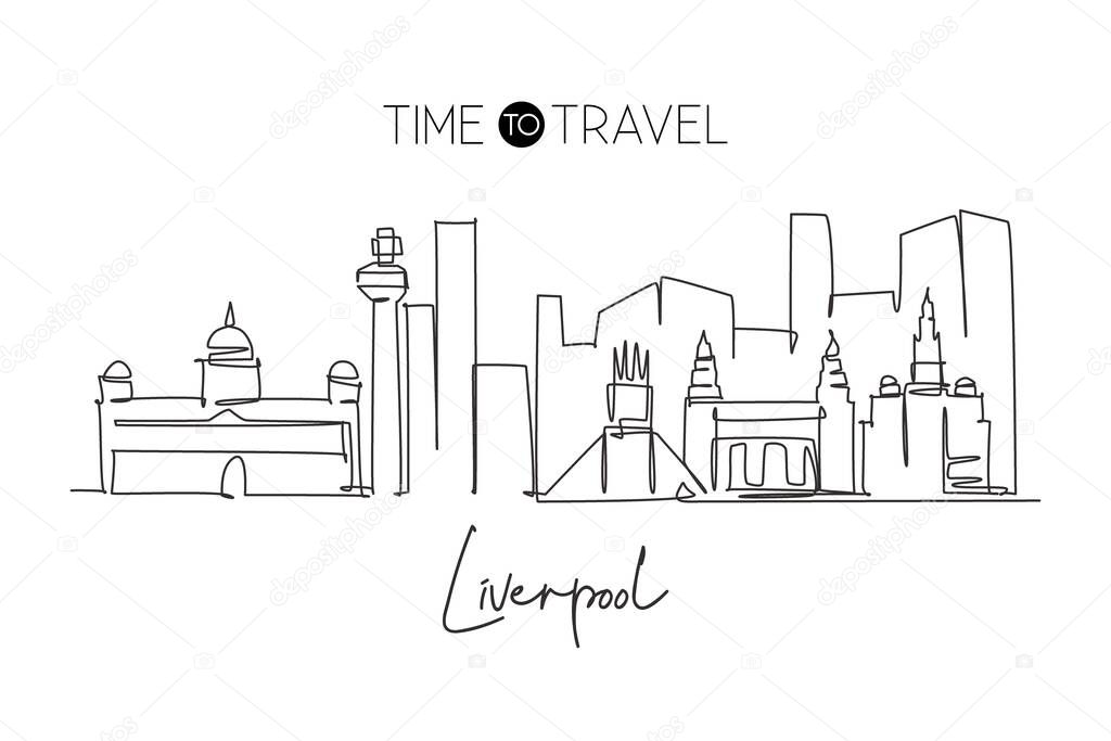 One continuous line drawing Liverpool city skyline. Beautiful Merseyside city skyscraper. World landscape tourism travel vacation home wall decor concept. Single line draw design vector illustration