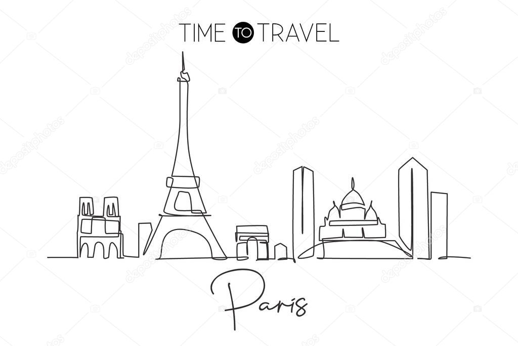 One continuous line drawing Paris city skyline, France. Beautiful skyscraper. World landscape tourism travel vacation wall decor poster art concept. Stylish single line draw design vector illustration