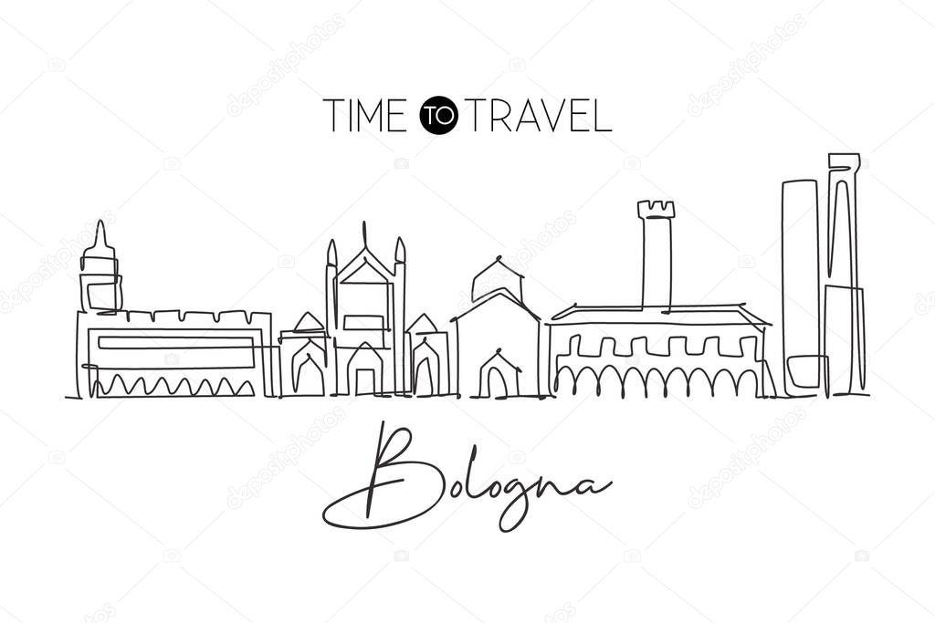One single line drawing of Bologna city skyline, Italy. Historical skyscraper landscape in world. Best holiday destination wall decor poster art. Trendy continuous line draw design vector illustration