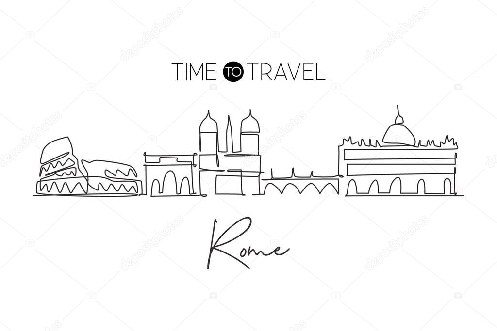 One continuous line drawing of Rome city skyline, Italy. Beautiful Roma skyscraper. World landscape tourism travel vacation wall decor poster print. Stylish single line draw design vector illustration