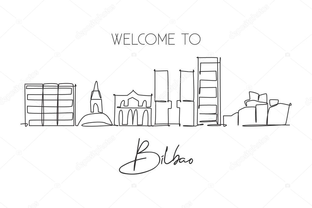 Single continuous line drawing of Bilbao city skyline, France. Famous skyscraper landscape postcard. World travel home wall decor poster print concept. Modern one line draw design vector illustration