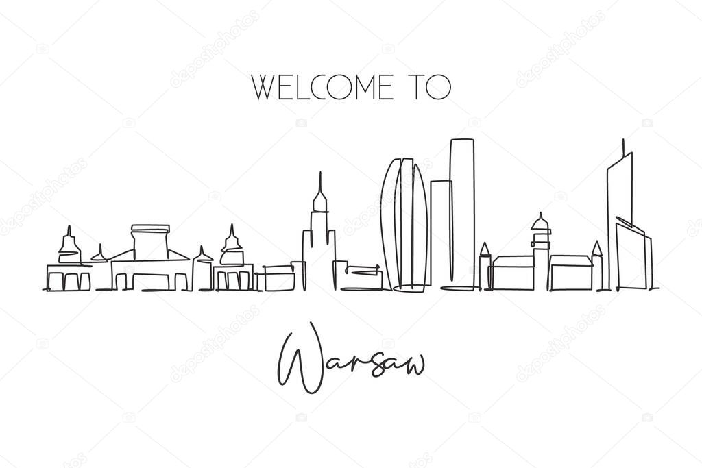 One single line drawing of Warsaw city skyline, Poland. Historical skyscraper landscape in world. Best holiday destination wall decor poster art. Trendy continuous line draw design vector illustration