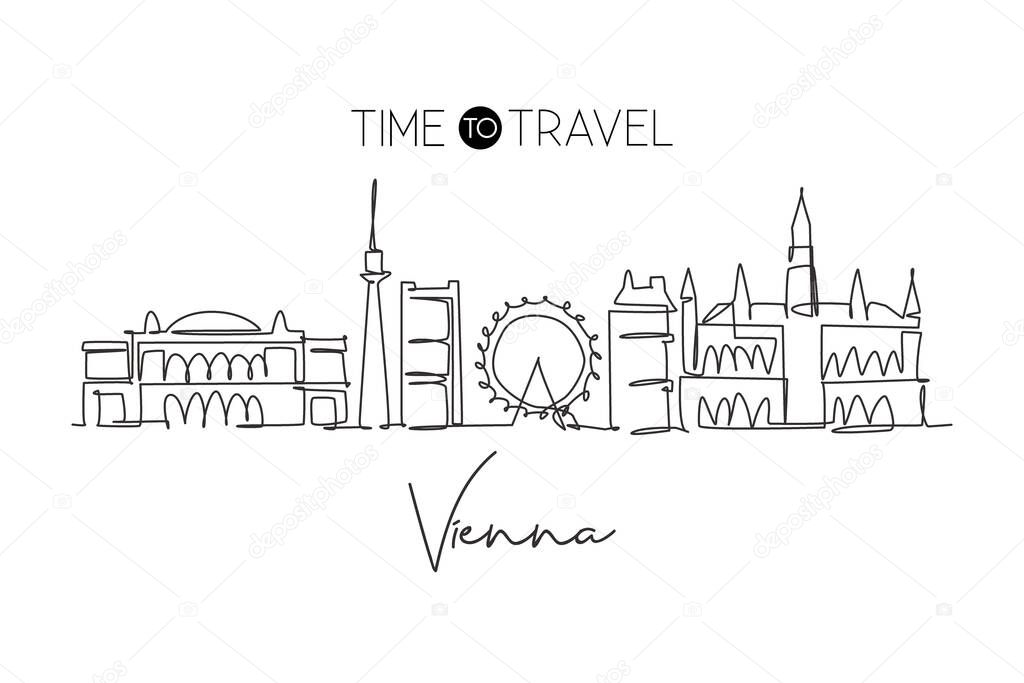 One continuous line drawing of Vienna city skyline, Austria. Beautiful landmark. World landscape tourism travel vacation poster. Editable stylish art stroke single line draw design vector illustration