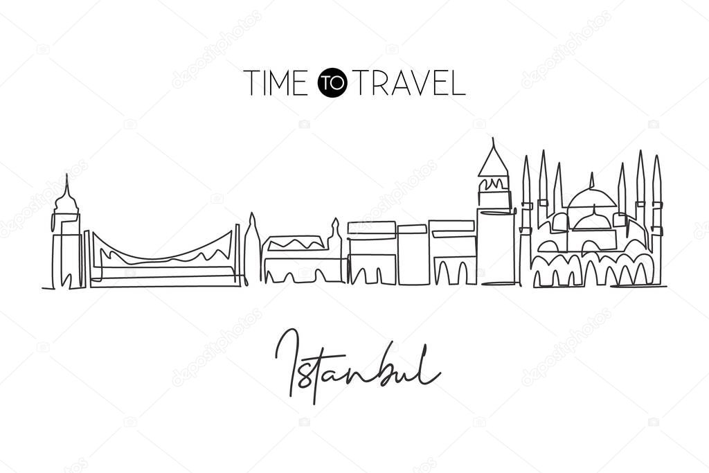 One continuous line drawing of Istanbul city skyline, Turkey. Beautiful landmark. World landscape tourism travel vacation poster. Editable stylish stroke single line draw design vector illustration