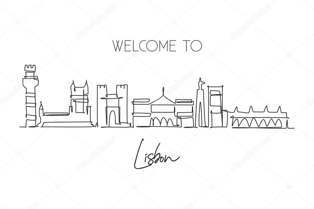 One single line drawing of Lisbon city skyline, Portugal. Historical town landscape in world. Best holiday destination home art wall decor poster print. Continuous line draw design vector illustration