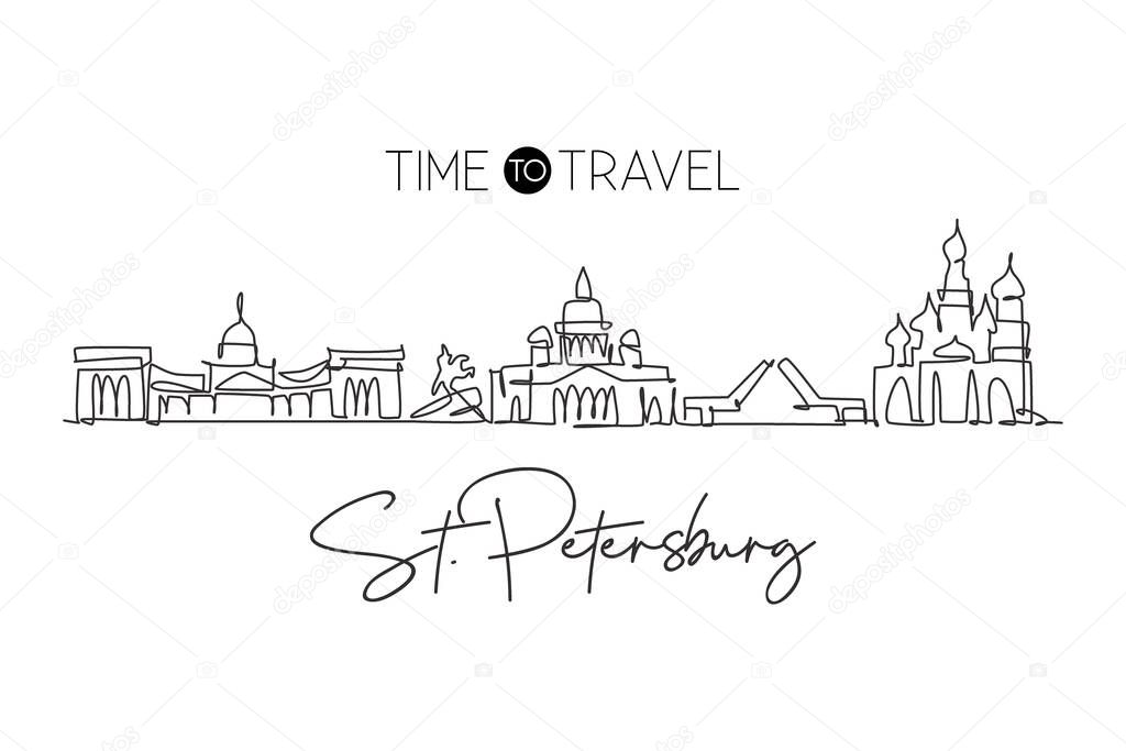 One single line drawing of city St. Petersburg skyline, Russia. Historical town landscape in world. Best holiday destination wall decor poster. Trendy continuous line draw design vector illustration