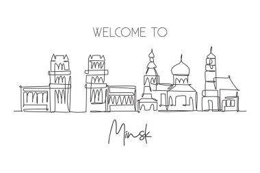 Beyaz Rusya 'nın Minsk şehrinin ufuk çizgisinin sürekli tek bir çizgisi. Ünlü şehir kazıyıcısı ve peyzaj ev dekoru poster resimleri. Dünya seyahati kavramı. Modern bir çizgi çizimi tasarım vektörü çizimi