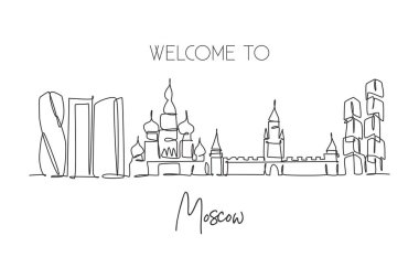 Moskova 'nın siluetinin aralıksız çizimi, Rusya. Güzel dönüm noktası. Dünya peyzaj turizmi seyahat, duvar dekorasyonu, poster baskısı. Tek çizgi çizimi tasarım vektörü illüstrasyonu