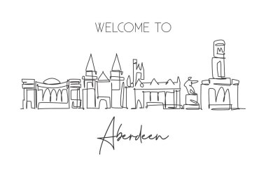 İskoçya 'nın Aberdeen şehrinin siluetinin tek bir çizimi. Dünyanın tarihsel şehir manzarası. En iyi tatil yeri duvar dekorasyonu posteri. Moda sürekli çizgi çizimi tasarım vektörü illüstrasyonu