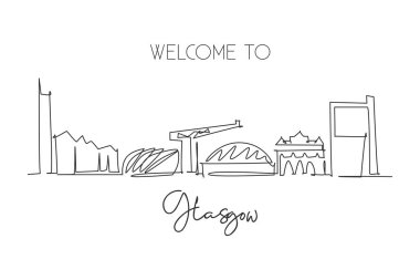 İskoçya 'nın Glasgow şehrinin aralıksız çizimleri. Güzel dönüm noktası. Dünya peyzaj turizmi tatil posteri. Düzenlenebilir tek çizgi çizimi tasarım vektörü illüstrasyonuName