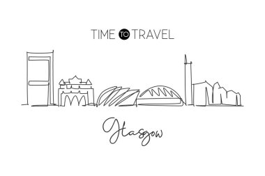İskoçya 'nın Glasgow şehrinin siluetinin tek bir çizimi. Dünyanın tarihi şehir manzarası. En iyi tatil yeri poster dekoru. Moda sürekli çizgi çizimi tasarım vektörü illüstrasyonu