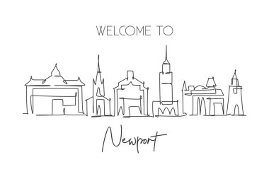 Galler 'in Newport şehrinin siluetinin tek bir çizgisi. Tarihi kasaba manzarası. Tatil için en iyi ev dekorasyonu poster resimleri. Moda sürekli çizgi çizimi tasarım vektörü illüstrasyonu