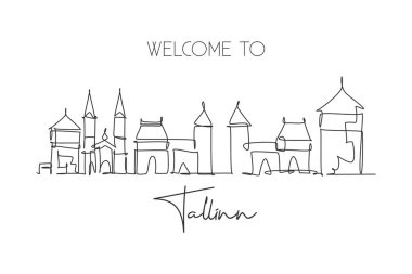 Tallinn şehrinin siluetinin tek bir çizimi, Estonya. Dünyanın tarihi şehir manzarası. En iyi tatil yeri posteri. Düzenlenebilir vuruş eğilimi sürekli çizgi çizim vektör çizimi illüstrasyonuName