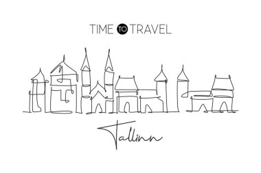 Estonya 'nın Tallinn şehrinin siluetinin kesintisiz bir çizimi. Güzel dönüm noktası. Dünya peyzajı turizmi ev dekorasyonu poster resimleri yapar. Tek çizgi çizimi tasarım vektörü illüstrasyonu