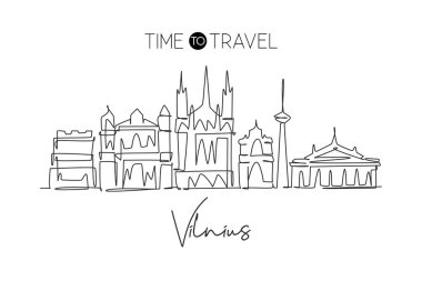 Litvanya 'daki Vilnius şehrinin siluetinin aralıksız bir çizimi. Güzel dönüm noktası. Dünya peyzaj turizmi gezisi duvar dekoru poster baskısı. Tek çizgi çizimi tasarım vektörü illüstrasyonu
