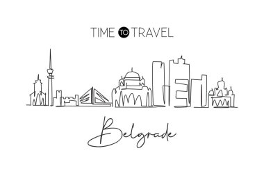 One single line drawing of Belgrade city skyline Serbia. Historical town landscape in the world. Best holiday destination poster. Editable stroke trendy continuous line draw design vector illustration clipart