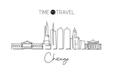 Amerika Birleşik Devletleri 'nin Chicago şehrinin siluetinin tek bir çizimi. Dünyanın tarihsel şehir manzarası. En iyi tatil yeri. Düzenlenebilir vuruş eğilimi sürekli çizgi çizim vektör çizimi illüstrasyonuName