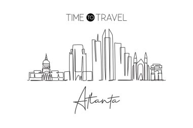 Atlanta şehrinin siluetinin kesintisiz bir çizimi, ABD. Güzel dönüm noktası. Dünya peyzaj turizmi tatili poster baskı duvar dekorasyonu sanatı. Tek çizgi çizimi tasarım vektörü illüstrasyonu