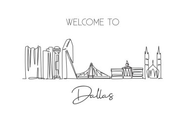 Dallas şehrinin siluetinin kesintisiz bir çizimi, Amerika Birleşik Devletleri. Güzel dönüm noktası. Dünya gezisi tatili. Düzenlenebilir tek çizgi çizimi tasarım vektörü illüstrasyonuName