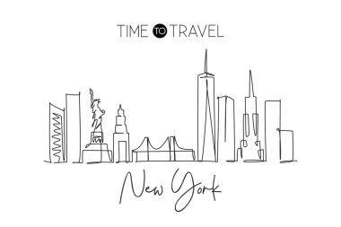 ABD 'nin New York şehrinin siluetinin aralıksız çizimi. Ünlü şehir kazıyıcısı ve manzarası. Dünya seyahati konsepti ev dekorasyonu poster resimleri. Modern bir çizgi çizimi tasarım vektörü çizimi