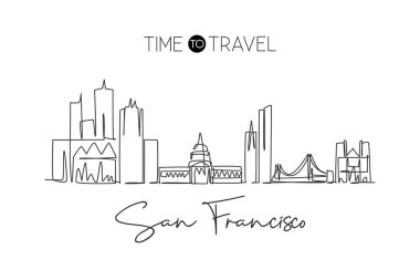 Birleşik Devletler 'in San Francisco şehrinin siluetinin kesintisiz tek çizgisi. Ünlü peyzaj. Dünya seyahati konsepti ev dekorasyonu poster baskısı. Modern bir çizgi çizimi tasarım vektörü çizimi