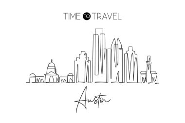 Austin City Skyline, ABD 'nin kesintisiz tek çizgi çizimi. Ünlü şehir kazıyıcısı ve manzarası. Dünya seyahati konsepti ev dekorasyonu duvar resimleri poster baskısı. Modern bir çizgi çizimi tasarım vektörü çizimi