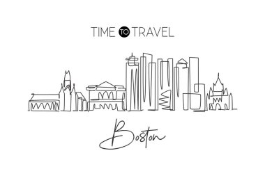 Boston şehrinin siluetinin kesintisiz bir çizimi, ABD. Güzel dönüm noktası. Dünya peyzaj turizmi tatil afişi baskısı. Düzenlenebilir tek çizgi çizimi tasarım vektörü illüstrasyonuName