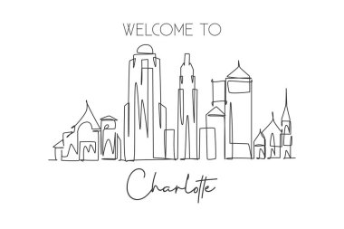 Charlotte şehrinin ufuk çizgisini Birleşik Devletler 'e çeken kesintisiz bir çizgi. Güzel dönüm noktası. Dünya peyzaj turizmi tatil posteri. Düzenlenebilir tek çizgi çizimi tasarım vektörü illüstrasyonuName