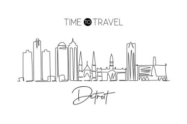 Detroit şehrinin siluetinin kesintisiz bir çizimi, ABD. Güzel dönüm noktası. Dünya peyzaj turizmi tatil afişi baskısı. Düzenlenebilir tek çizgi çizimi tasarım vektörü illüstrasyonuName