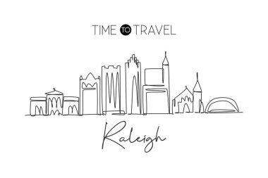 ABD 'nin Raleigh şehrinin siluetinin kesintisiz bir çizimi. Güzel dönüm noktası. Dünya peyzaj turizmi tatil afişi baskısı. Düzenlenebilir tek çizgi çizimi tasarım vektörü illüstrasyonuName