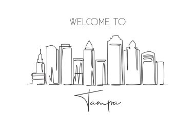 ABD 'nin Tampa şehrinin siluetinin aralıksız çizimi. Ünlü şehir kazıyıcısı ve manzarası. Dünya seyahati konsepti ev dekorasyonu poster resimleri. Modern bir çizgi çizimi tasarım vektörü çizimi