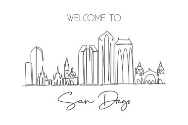 San Diego şehrinin silueti, ABD 'nin kesintisiz tek çizgi çizimi. Ünlü şehir kazıyıcısı ve manzarası. Dünya seyahati konsepti ev dekorasyonu poster resimleri. Modern bir çizgi çizimi tasarım vektörü çizimi