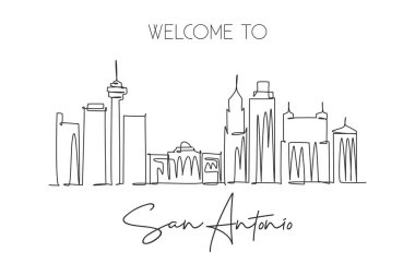 San Antonio şehrinin siluetinin kesintisiz bir çizimi, ABD. Güzel dönüm noktası. Dünya peyzaj turizmi tatil posteri. Düzenlenebilir tek çizgi çizimi tasarım vektörü illüstrasyonuName