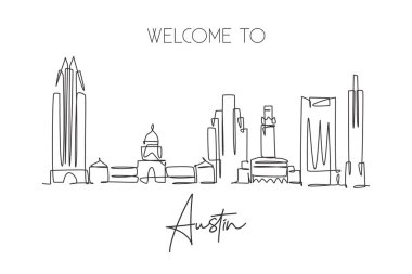 Austin City siluetinin tek bir çizimi, Birleşik Devletler. Dünyanın tarihsel şehir manzarası. En iyi tatil yeri. Düzenlenebilir vuruş eğilimi sürekli çizgi çizim vektör çizimi illüstrasyonuName