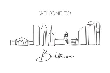 Baltimore şehrinin siluetinin kesintisiz bir çizimi, ABD. Güzel dönüm noktası. Dünya manzara turizmi seyahat poster sanatı. Düzenlenebilir tek çizgi çizimi tasarım vektörü illüstrasyonuName