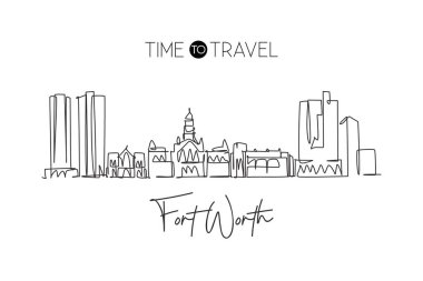 One continuous line drawing of Fort Worth city skyline, USA. Beautiful landmark. World landscape tourism and travel vacation poster. Editable stylish stroke single line draw design vector illustration clipart